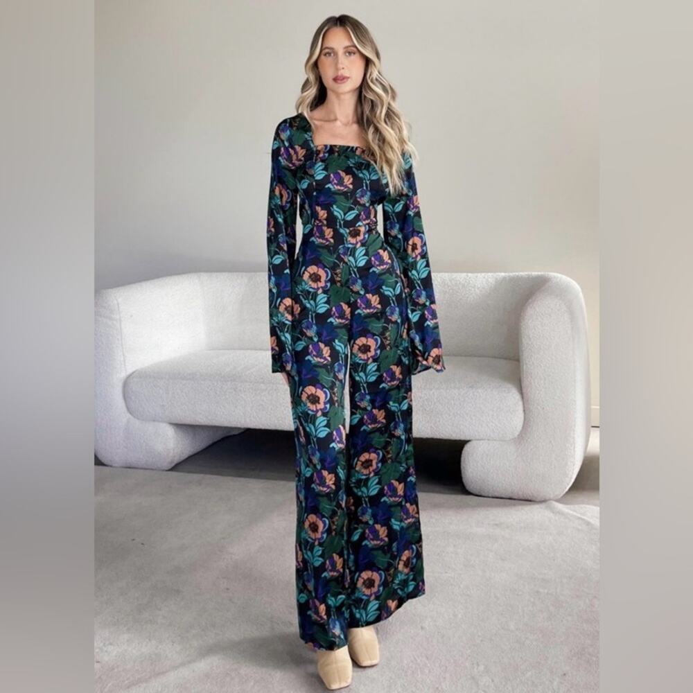 TOPSHOP 70s Floral Print Wide Leg Jumpsuit In Multicolor size 14
